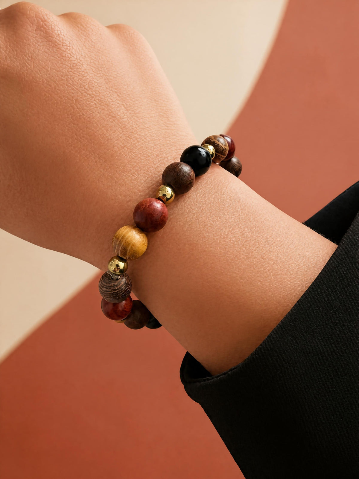 Bracelet élastique perles en bois & doré - Teintes automnales