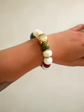 Bracelet élastique perles multicolores - Or, Rouge & Écru