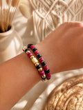 Lot de 2 bracelets élastiques – Perles plates & billes dorées fuchsia, noir, beige & or