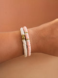 Lot de 2 bracelets élastiques – Perles plates rose poudré, blanc & doré