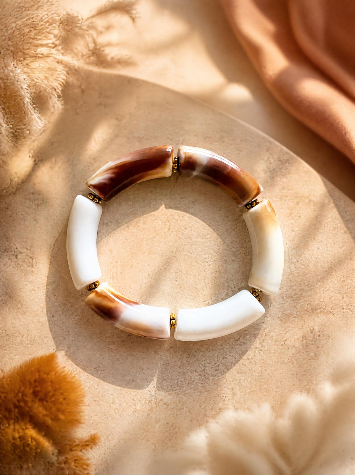 Bracelet élastique tube incurvé blanc & marron